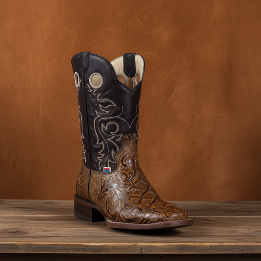 1229 - RockinLeather Men's Capuccino Stamped Cowhide Leather Boot