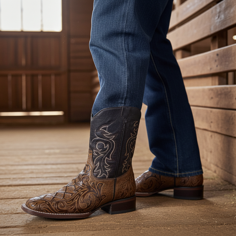 Load image into Gallery viewer, 1229 - RockinLeather Men's Capuccino Stamped Cowhide Leather Boot
