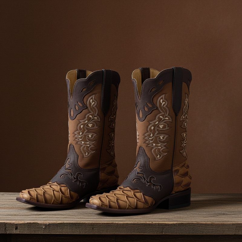 Load image into Gallery viewer, 1244 - RockinLeather Men's Pirarucu Print Leather Boot W/Overlay
