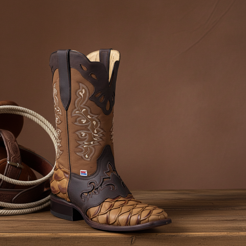 Load image into Gallery viewer, 1244 - RockinLeather Men's Pirarucu Print Leather Boot W/Overlay
