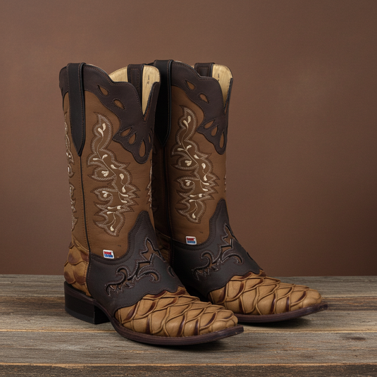 1244 - RockinLeather Men's Pirarucu Print Leather Boot W/Overlay