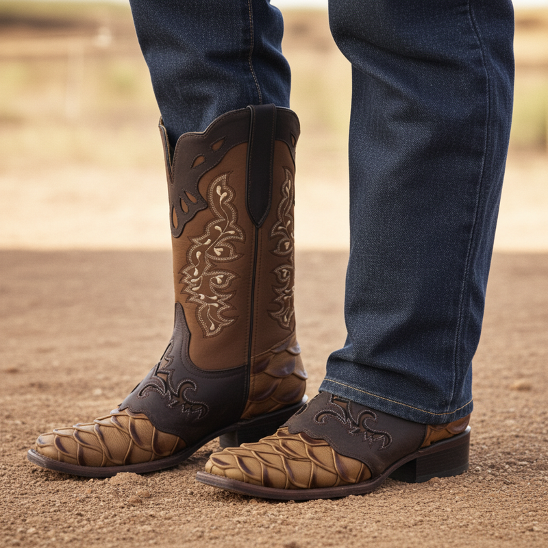 Load image into Gallery viewer, 1244 - RockinLeather Men's Pirarucu Print Leather Boot W/Overlay
