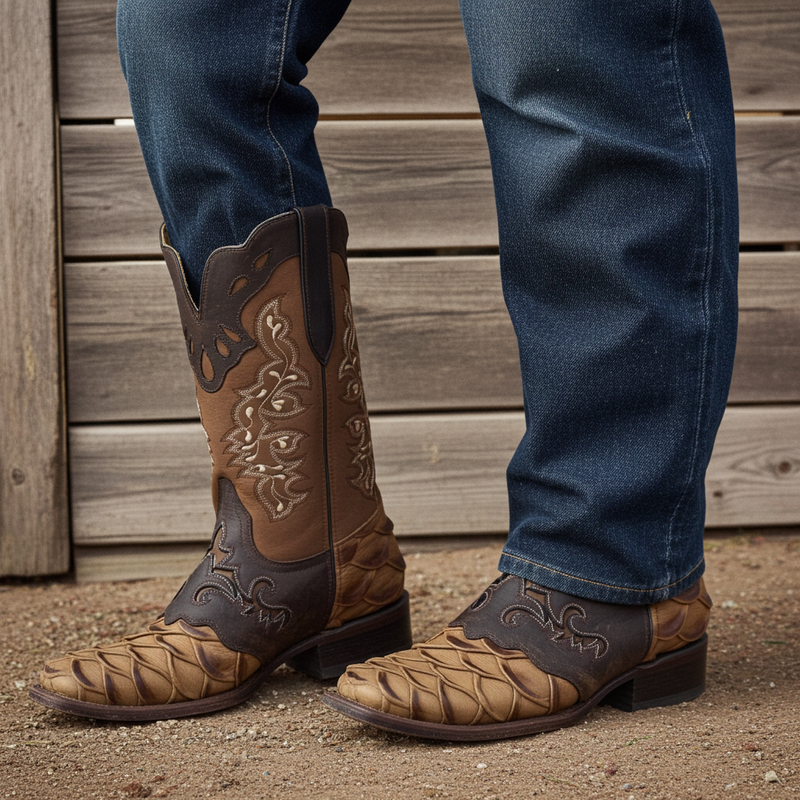 Load image into Gallery viewer, 1244 - RockinLeather Men's Pirarucu Print Leather Boot W/Overlay
