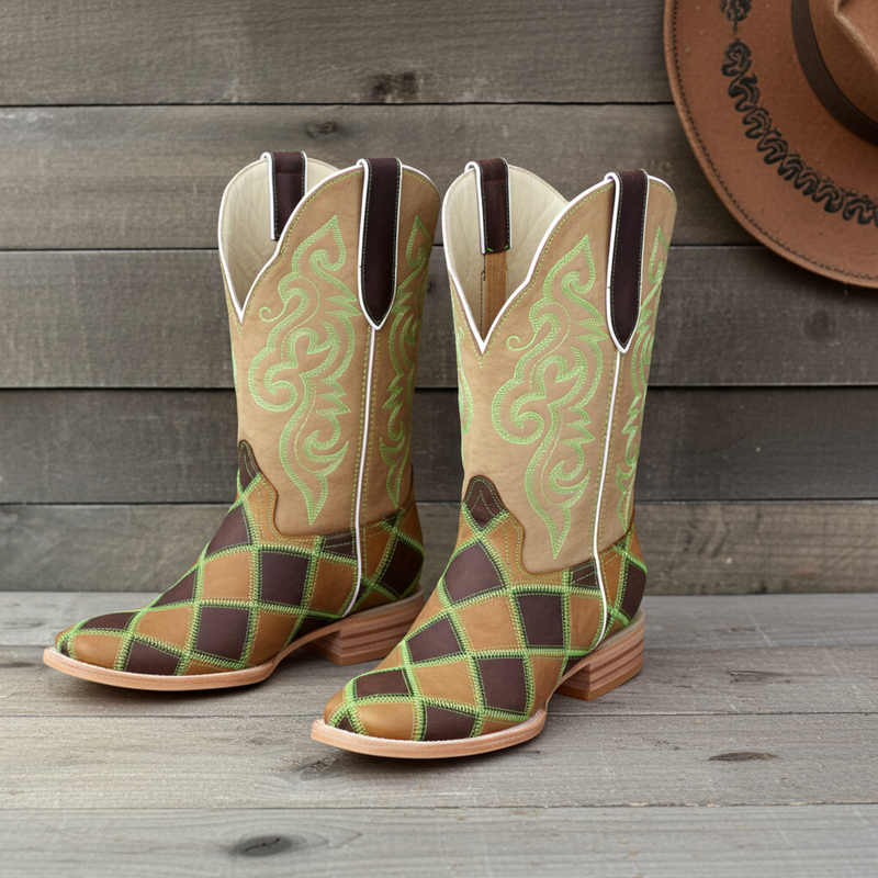 Load image into Gallery viewer, 1208 - RockinLeather Men's Patchwork w/Green Stitching Western Boot
