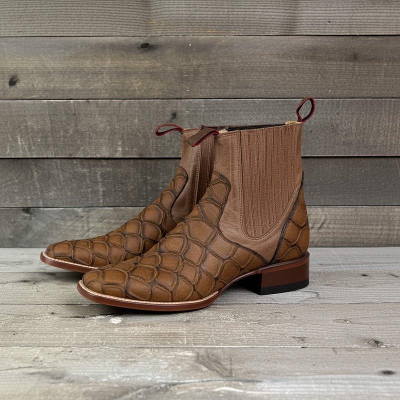 Load image into Gallery viewer, 1814 - RockinLeather Men's Retro Brown Leather Pirarucu Print Chelsea Boot
