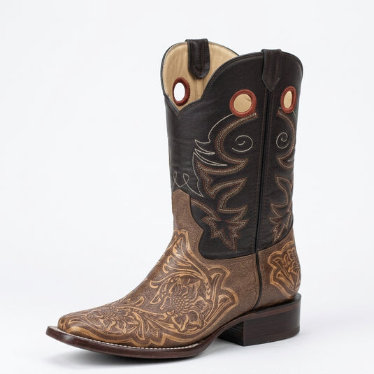1238 - RockinLeather Men's Antique Brown Stamped Cowhide Leather Boot