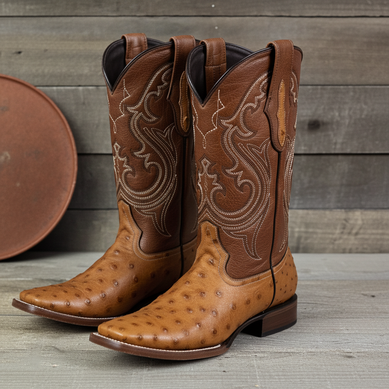 Load image into Gallery viewer, 8026 - RockinLeather Men's Honey Full Quill Ostrich Square Toe Western Boot
