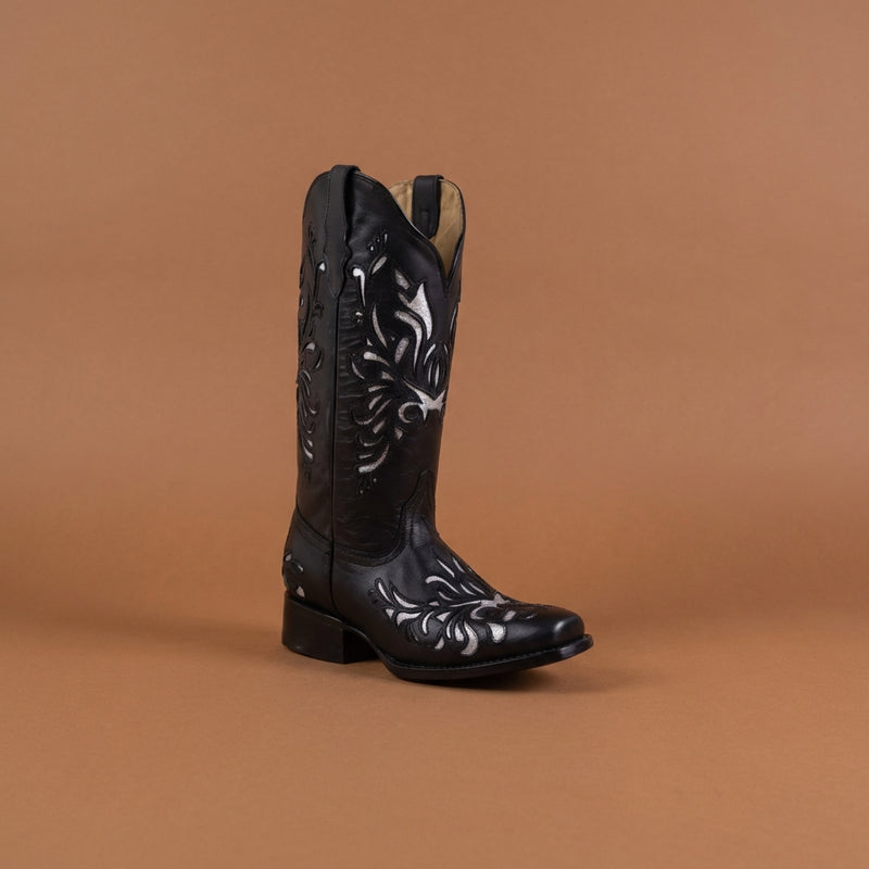Load image into Gallery viewer, 2812 - RockinLeather Women's Black Square Toe Western Boot w/ Silver Inlays
