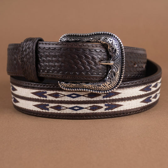 B1043 - RockinLeather Chocolate Cowhide Aztec Print Inlay Leather Belt