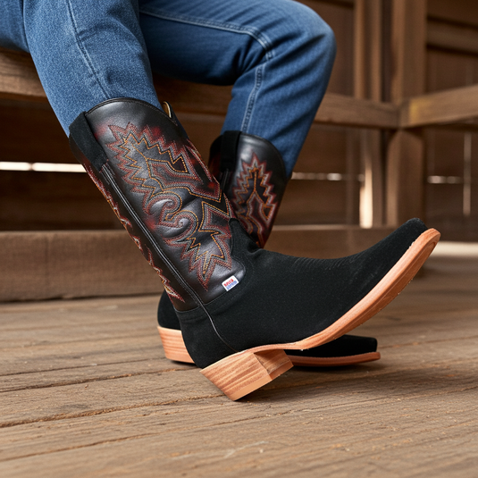 1260 - RockinLeather Men's Black Roughout Narrow Square Toe Western Boot