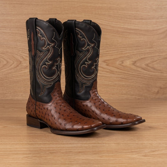 8029 - RockinLeather Men's Coffee Full Quill Ostrich Square Toe Western Boot