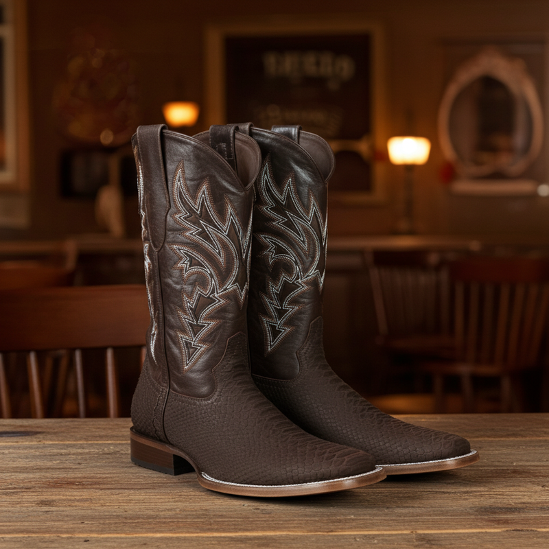Load image into Gallery viewer, 8002 - RockinLeather Men's Sanded Chocolate Python Square Toe Western Boot
