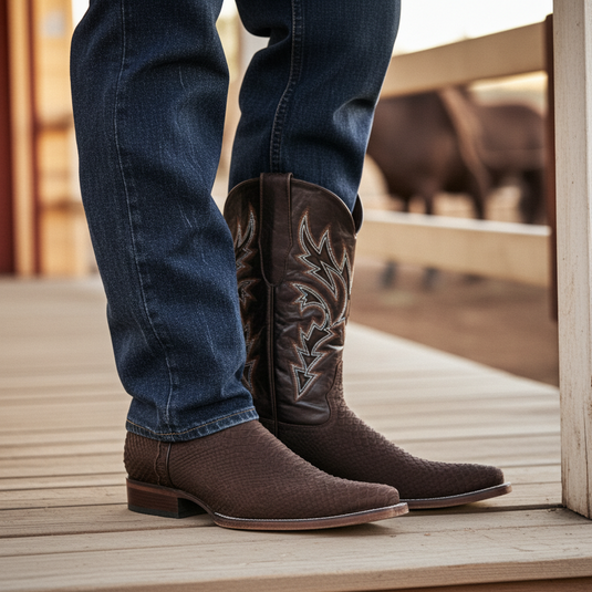 8002 - RockinLeather Men's Sanded Chocolate Python Square Toe Western Boot