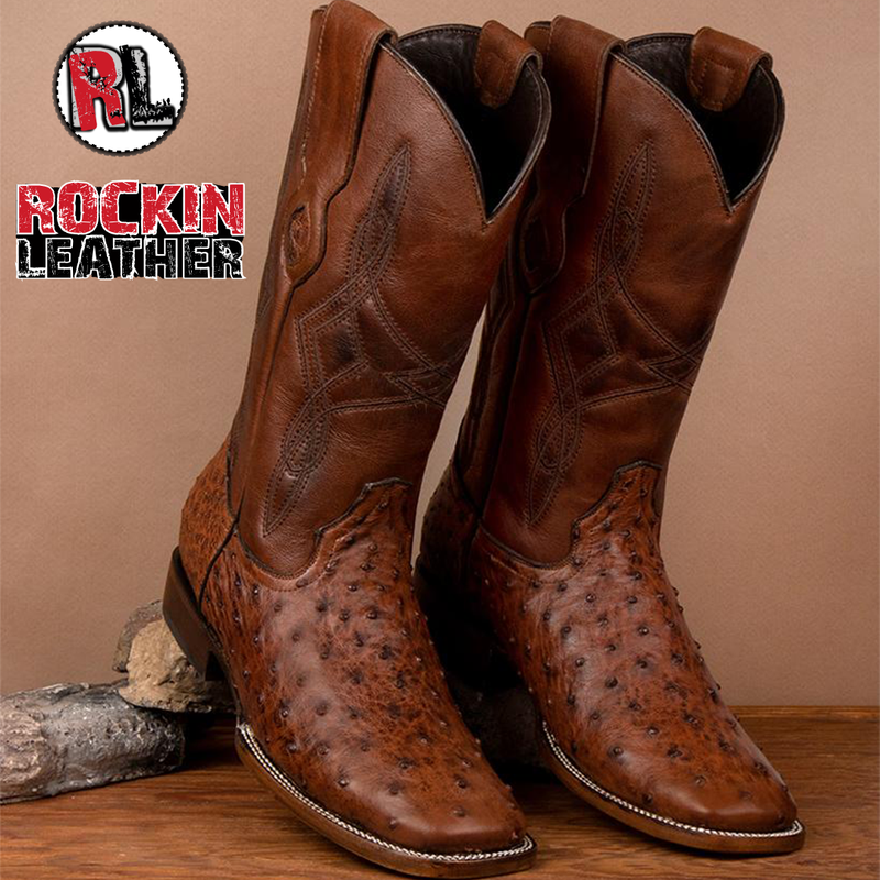 Load image into Gallery viewer, 8006 - RockinLeather Men's Cognac Full Quill Ostrich Square Toe Western Boot
