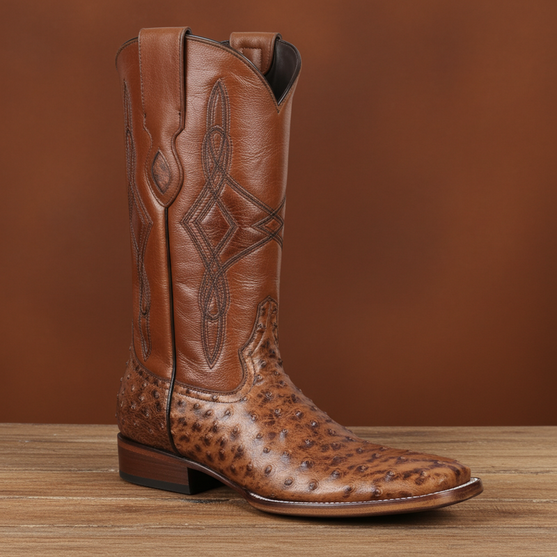 Load image into Gallery viewer, 8006 - RockinLeather Men's Cognac Full Quill Ostrich Square Toe Western Boot
