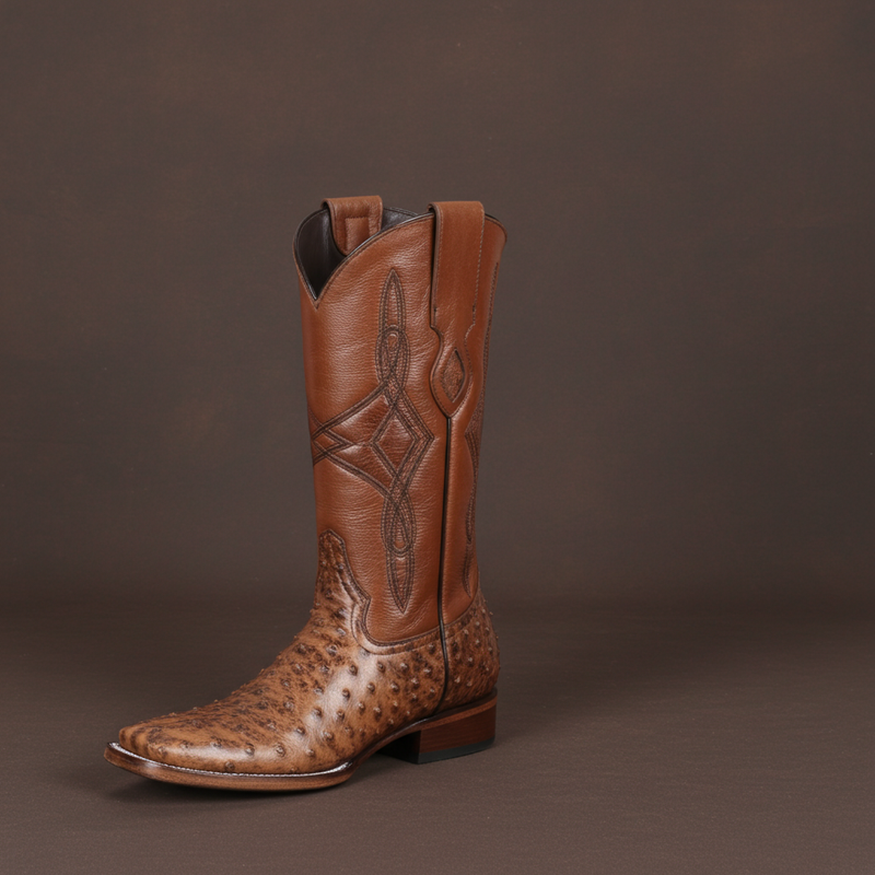 Load image into Gallery viewer, 8006 - RockinLeather Men's Cognac Full Quill Ostrich Square Toe Western Boot
