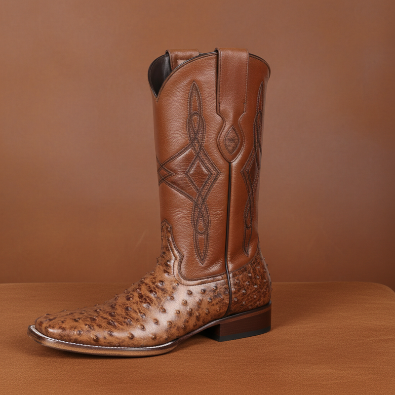 Load image into Gallery viewer, 8006 - RockinLeather Men's Cognac Full Quill Ostrich Square Toe Western Boot
