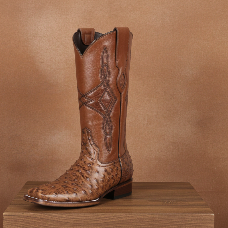 Load image into Gallery viewer, 8006 - RockinLeather Men's Cognac Full Quill Ostrich Square Toe Western Boot
