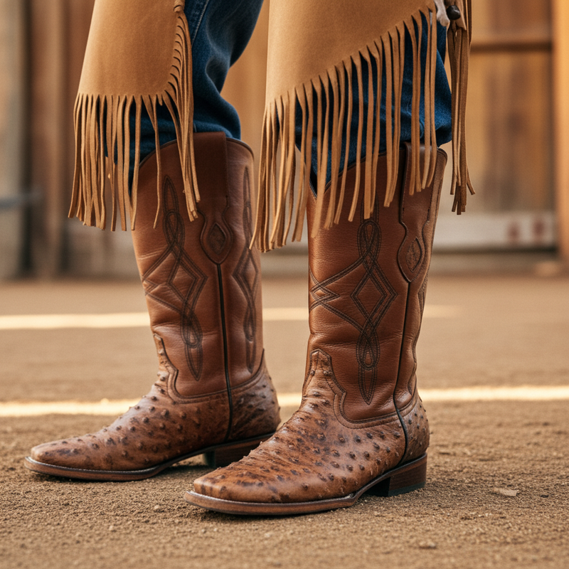 Load image into Gallery viewer, 8006 - RockinLeather Men's Cognac Full Quill Ostrich Square Toe Western Boot
