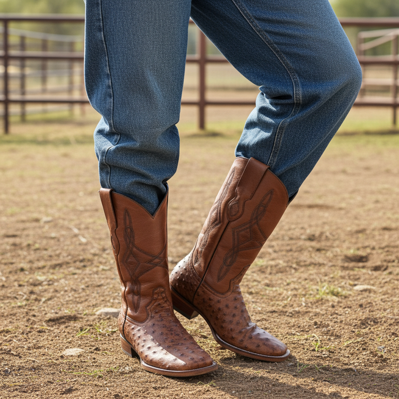 Load image into Gallery viewer, 8006 - RockinLeather Men's Cognac Full Quill Ostrich Square Toe Western Boot
