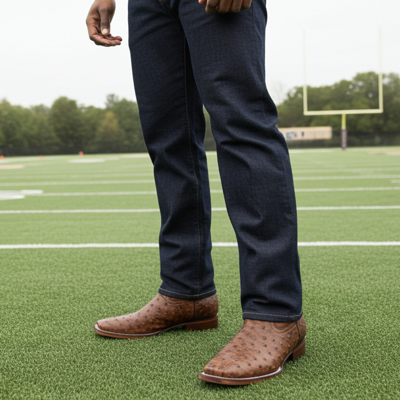 Load image into Gallery viewer, 8006 - RockinLeather Men's Cognac Full Quill Ostrich Square Toe Western Boot
