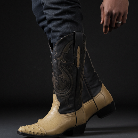 8010 - RockinLeather Men's Orix Smooth Ostrich Pointed Toe Boot w/Full Quill Ostrich Toe