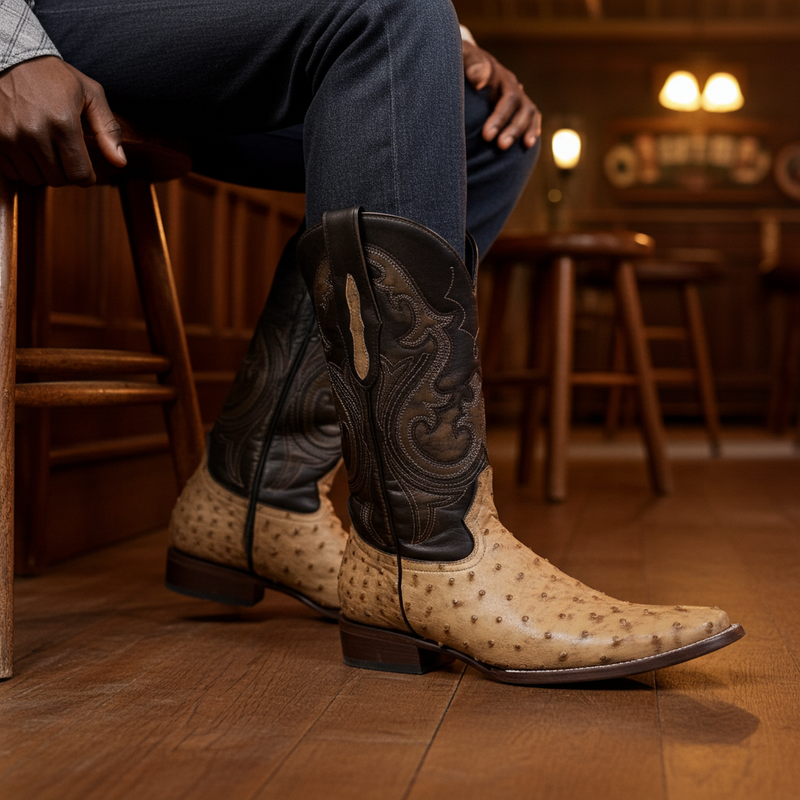 Load image into Gallery viewer, 8011 - RockinLeather Men's Orix Full Quill Ostrich Square Toe Western Boot
