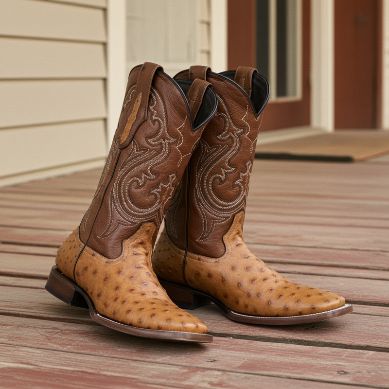 Load image into Gallery viewer, 8026 - RockinLeather Men's Honey Full Quill Ostrich Square Toe Western Boot
