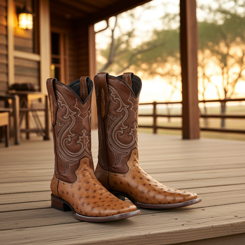 Load image into Gallery viewer, 8026 - RockinLeather Men's Honey Full Quill Ostrich Square Toe Western Boot
