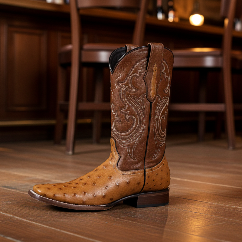 Load image into Gallery viewer, 8026 - RockinLeather Men's Honey Full Quill Ostrich Square Toe Western Boot
