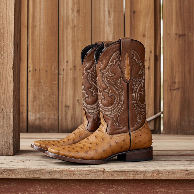 Load image into Gallery viewer, 8026 - RockinLeather Men's Honey Full Quill Ostrich Square Toe Western Boot
