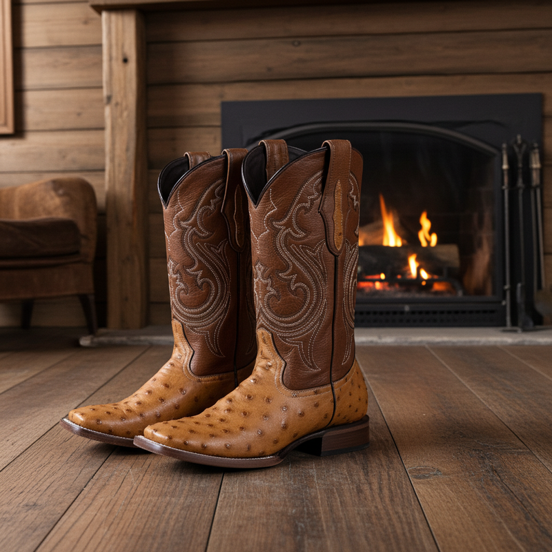 Load image into Gallery viewer, 8026 - RockinLeather Men's Honey Full Quill Ostrich Square Toe Western Boot

