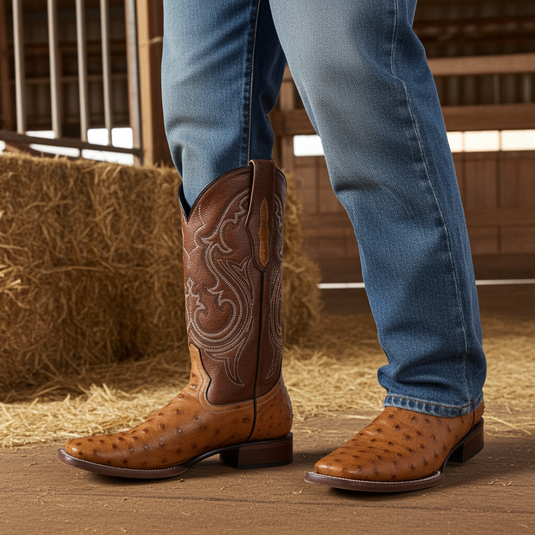 8026 - RockinLeather Men's Honey Full Quill Ostrich Square Toe Western Boot