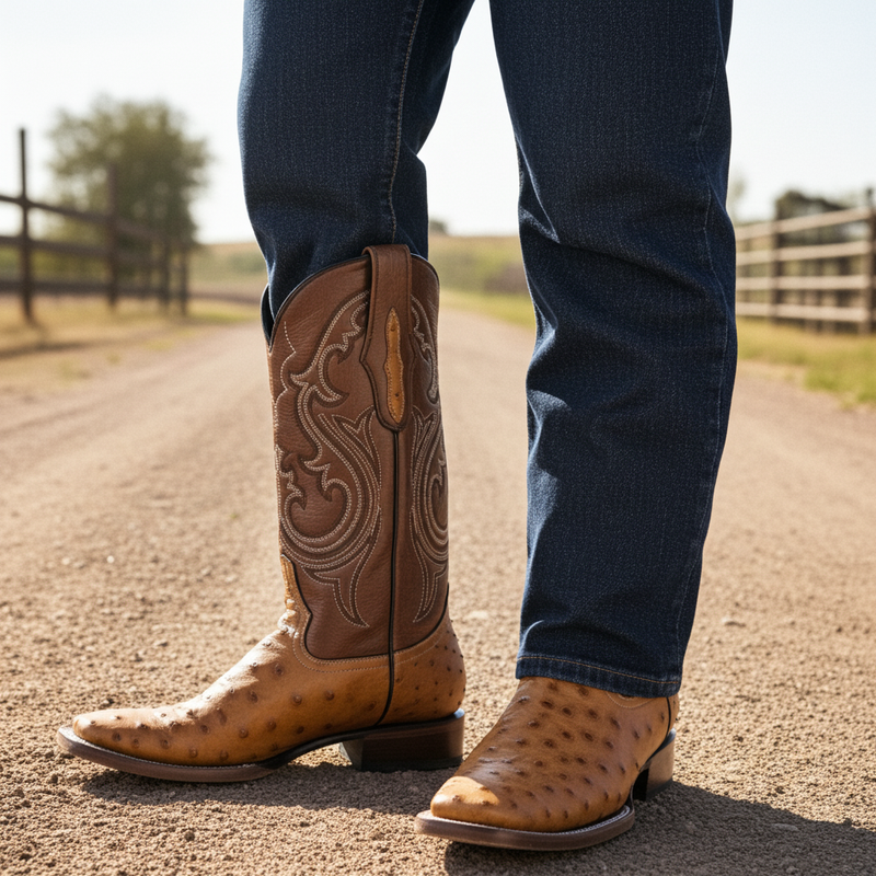 Load image into Gallery viewer, 8026 - RockinLeather Men's Honey Full Quill Ostrich Square Toe Western Boot
