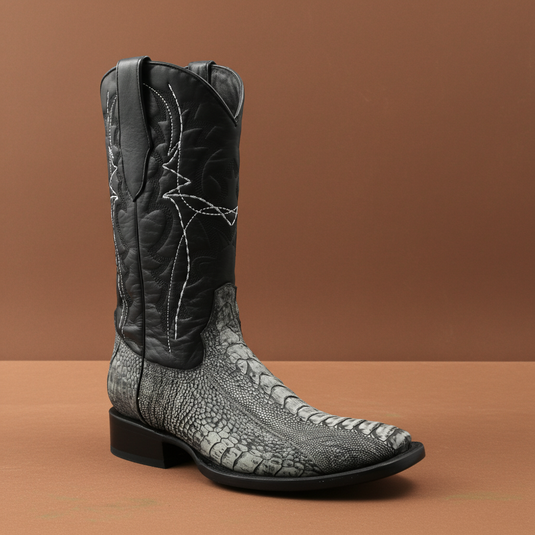 8038 - RockinLeather Men's Grey Ostrich Leg Square Toe Western Boot
