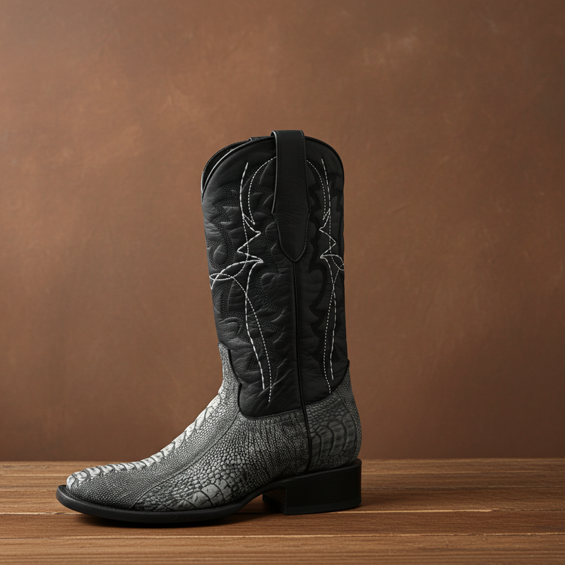 Load image into Gallery viewer, 8038 - RockinLeather Men's Grey Ostrich Leg Square Toe Western Boot
