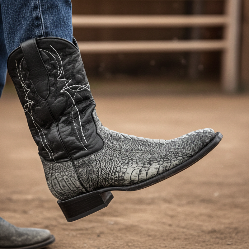 Load image into Gallery viewer, 8038 - RockinLeather Men's Grey Ostrich Leg Square Toe Western Boot
