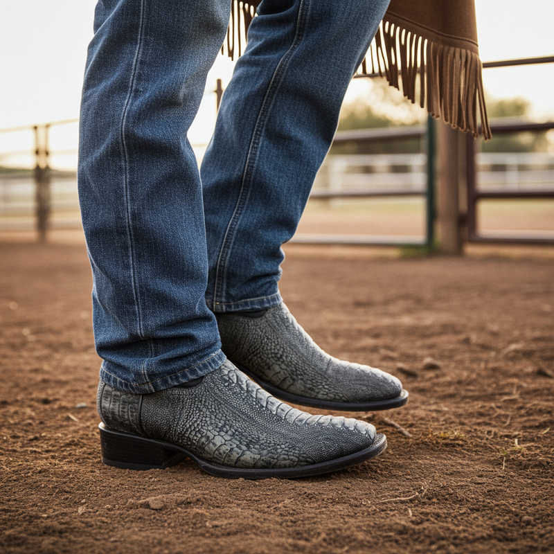 Load image into Gallery viewer, 8038 - RockinLeather Men's Grey Ostrich Leg Square Toe Western Boot
