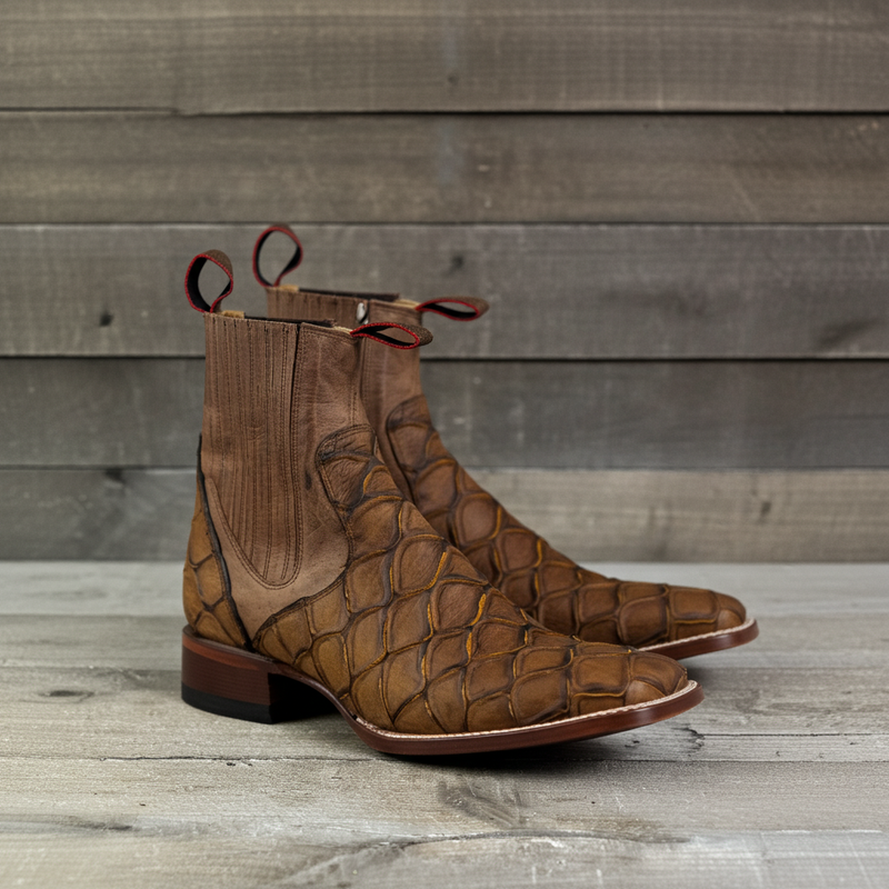 Load image into Gallery viewer, 1814 - RockinLeather Men's Retro Brown Leather Pirarucu Print Chelsea Boot
