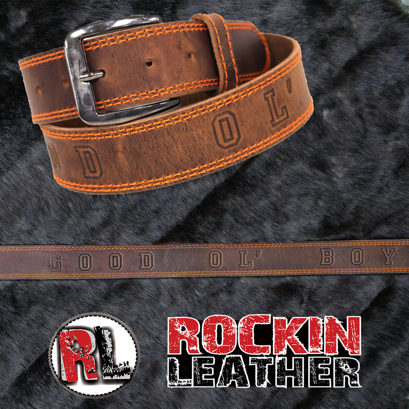 Load image into Gallery viewer, B1020 - RockinLeather Distressed Cowhide Leather Belt with "Good Ol' Boy" Stamped Into Belt
