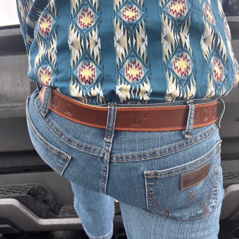 Load image into Gallery viewer, B1020 - RockinLeather Distressed Cowhide Leather Belt with "Good Ol' Boy" Stamped Into Belt
