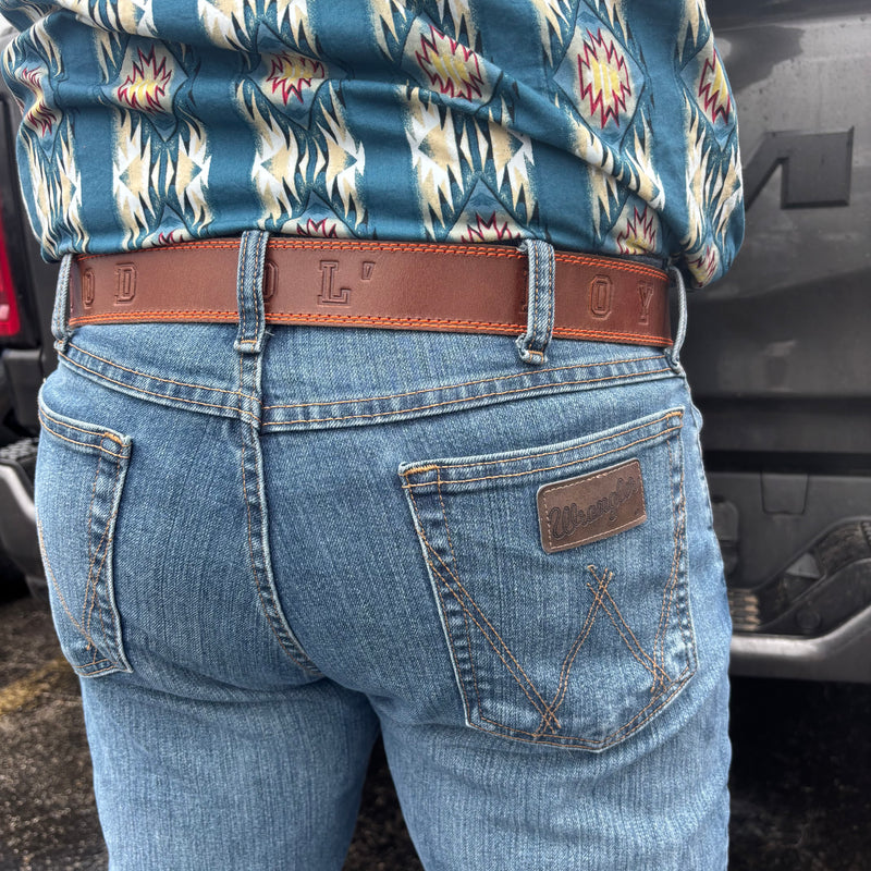 Load image into Gallery viewer, B1020 - RockinLeather Distressed Cowhide Leather Belt with "Good Ol' Boy" Stamped Into Belt
