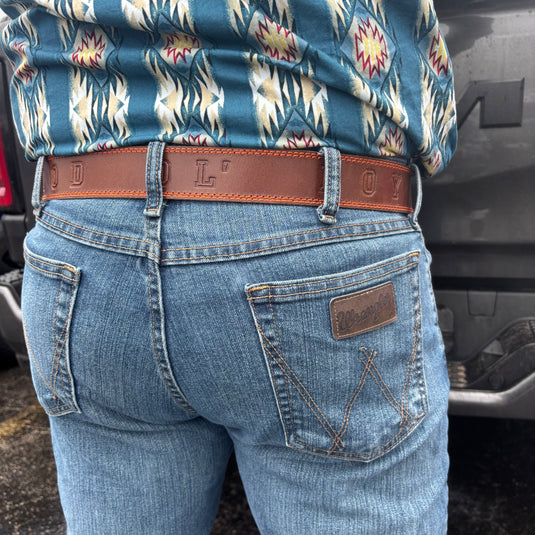 B1020 - RockinLeather Distressed Cowhide Leather Belt with "Good Ol' Boy" Stamped Into Belt