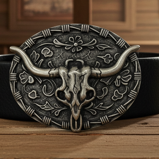 RLB508 - RockinLeather Nickle W/Black Underlay Steer Head Belt Buckle