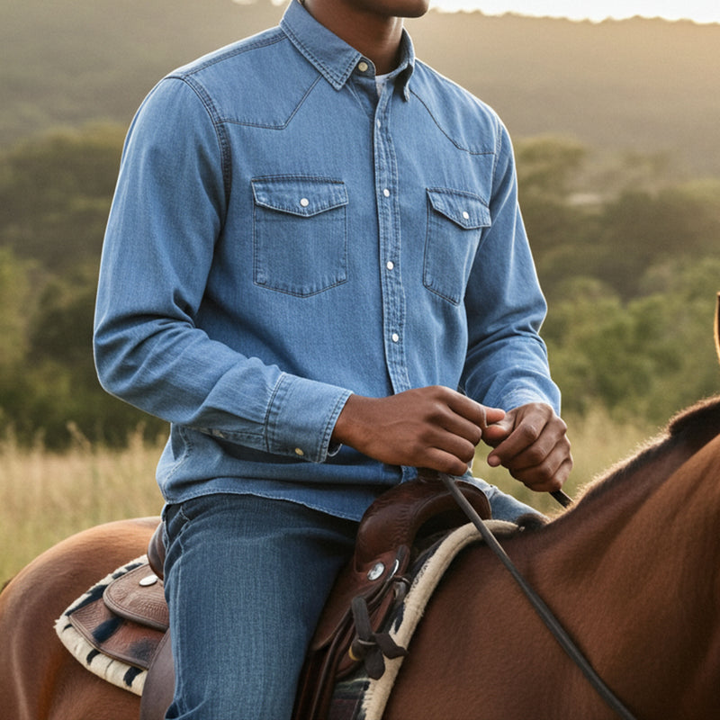 Load image into Gallery viewer, RLLSMS01 - RockinLeather Men's 6.8 oz Light Denim LS Shirt
