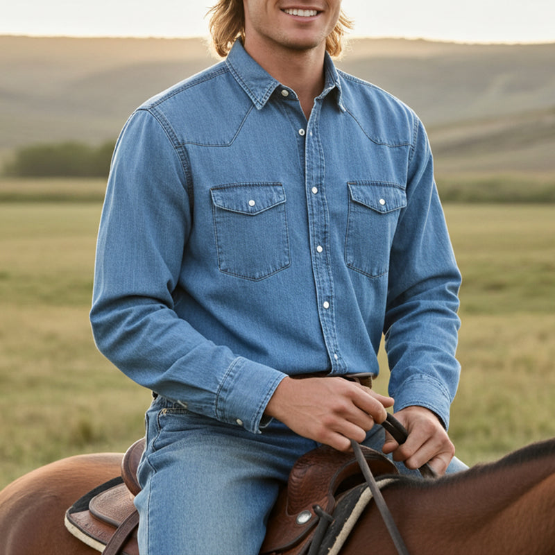 Load image into Gallery viewer, RLLSMS01 - RockinLeather Men's 6.8 oz Light Denim LS Shirt
