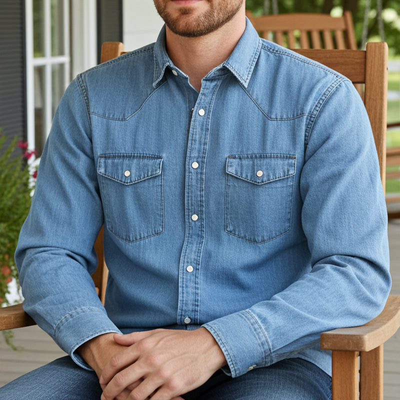 Load image into Gallery viewer, RLLSMS01 - RockinLeather Men's 6.8 oz Light Denim LS Shirt
