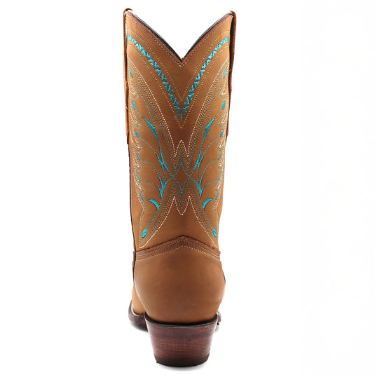 2214 - RockinLeather Women's Crazy Horse Tan Western Boot With Blue Embroidery