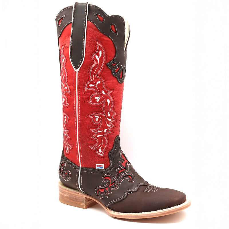 Load image into Gallery viewer, 2180 - RockinLeather Women's Tall Distressed Brown/Red Boot With Wide Square Toe
