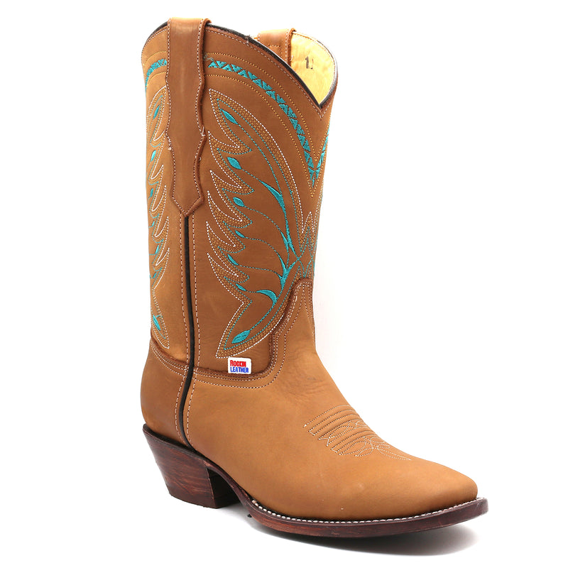 Load image into Gallery viewer, 2214 - RockinLeather Women's Crazy Horse Tan Western Boot With Blue Embroidery
